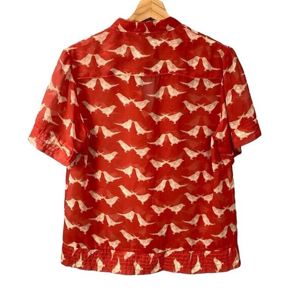 Ruffle Front Bird Print Blouse Sheer Womens‎ M Cottage Boho Feminine Novelty Fun - Picture 9 of 13